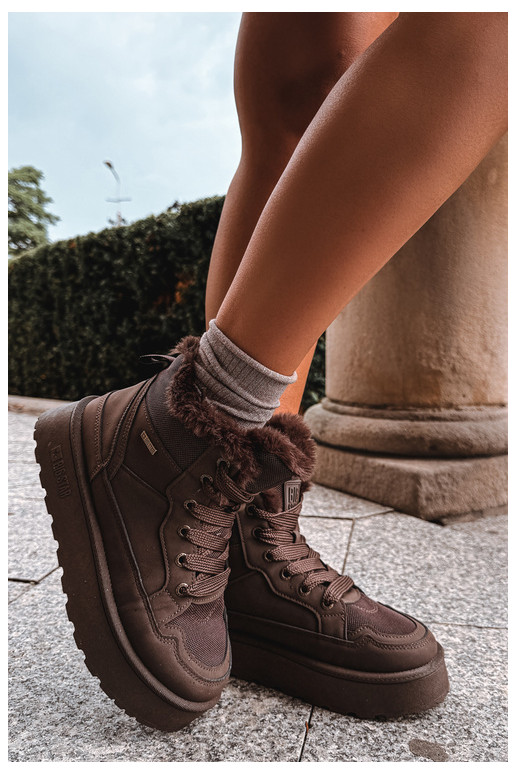 Damen Schneestiefel mit Schnürsenkeln und Fell dunkelbraun Big Star