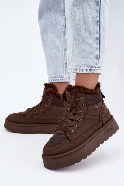 Damen Schneestiefel mit Schnürsenkeln und Fell dunkelbraun Big Star