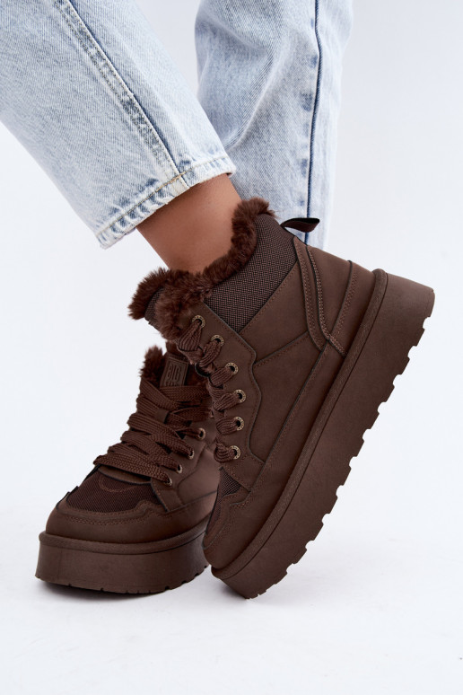 Damen Schneestiefel mit Schnürsenkeln und Fell dunkelbraun Big Star