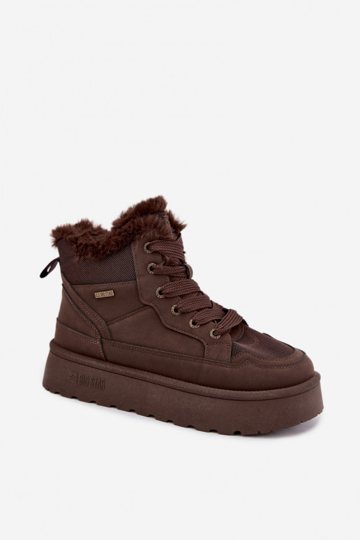 Damen Schneestiefel mit Schnürsenkeln und Fell dunkelbraun Big Star