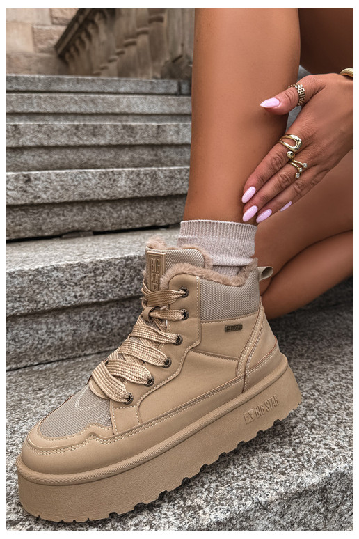 Damen Schneestiefel mit Schnürsenkeln und Fell sandfarben Big Star