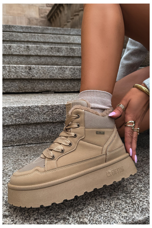 Damen Schneestiefel mit Schnürsenkeln und Fell sandfarben Big Star