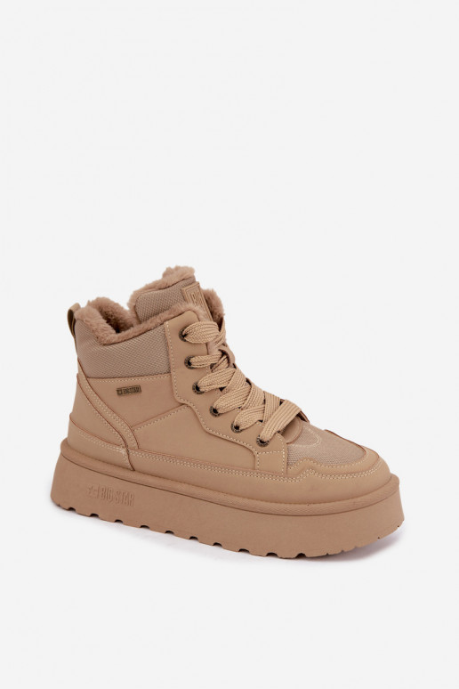 Damen Schneestiefel mit Schnürsenkeln und Fell sandfarben Big Star
