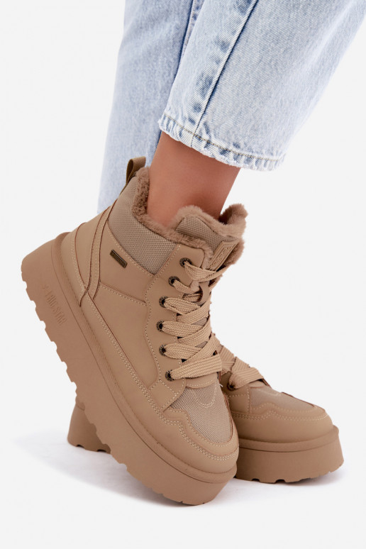 Damen Schneestiefel mit Schnürsenkeln und Fell sandfarben Big Star