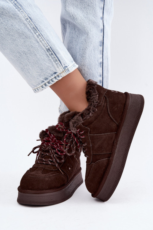 Faux-Suede Schneestiefel für Damen mit Schnürsenkeln Big Star UU274312 in Schokoladenfarbe