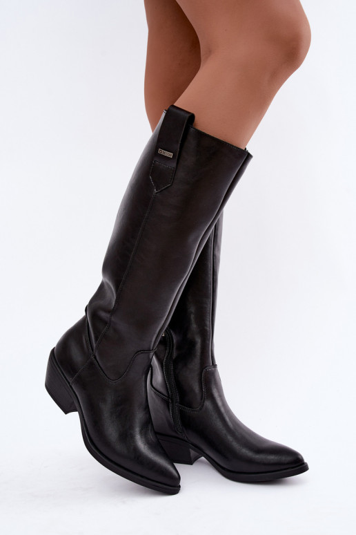 natürliches Leder Damenstiefel bis zum Knie mit niedrigem Absatz isoliert Big Star UU274521 in schwarzer Farbe