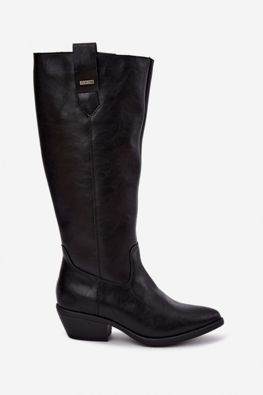 natürliches Leder Damenstiefel bis zum Knie mit niedrigem Absatz isoliert Big Star UU274521 in schwarzer Farbe