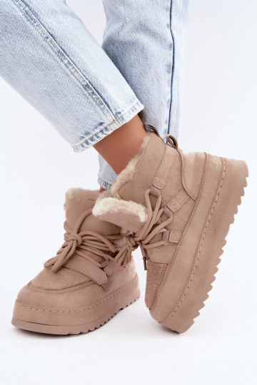 Beige Schnürstiefel für den Winter auf Plattform Coraliah 2