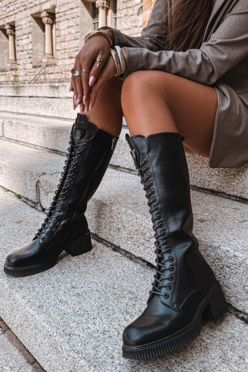 Vinceza 66804 schwarze warme lange Lederstiefel für Damen mit Schnürsenkeln und Absatz 2