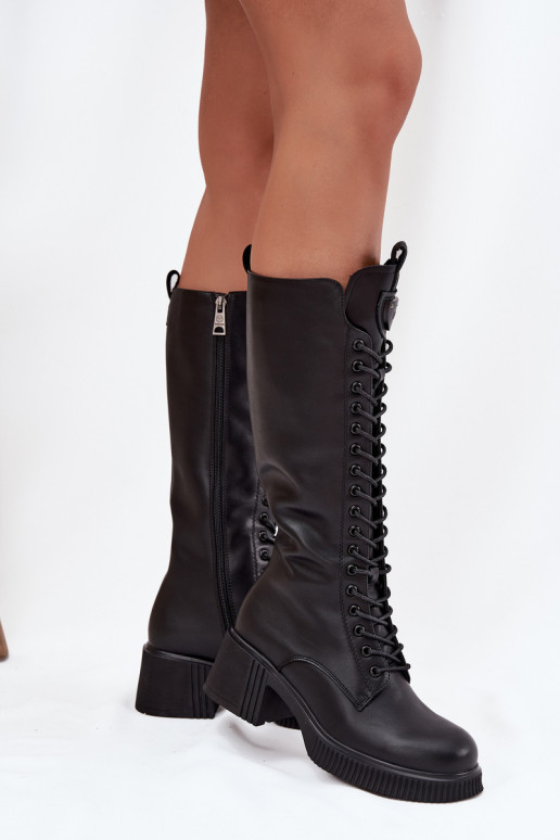 Vinceza 66804 schwarze warme lange Lederstiefel für Damen mit Schnürsenkeln und Absatz