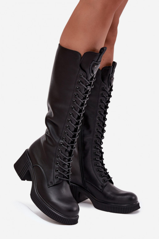 Vinceza 66804 schwarze warme lange Lederstiefel für Damen mit Schnürsenkeln und Absatz