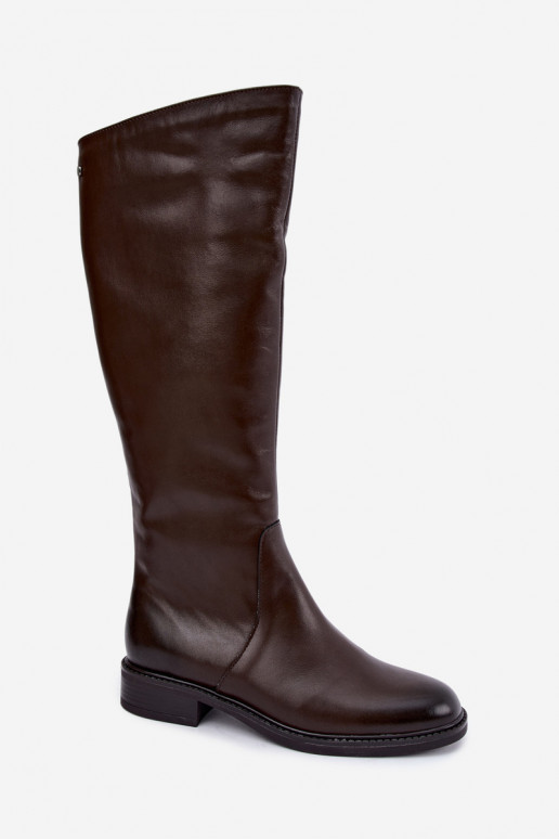 Leder Damen Stiefel bis zum Knie mit breiten Absätzen isoliert Zazoo 70163 schokoladenfarben