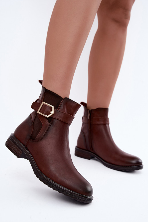 Isolierte Damenstiefeletten aus Kunstleder mit Schnallen Sergio Leone BT-43 braun
