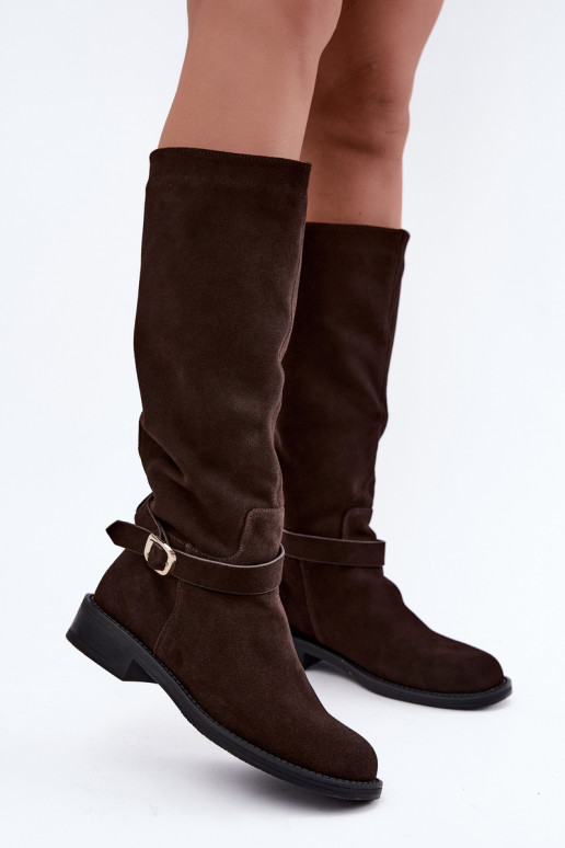 Kniehohe Stiefel aus Kunstveloursleder mit Schnallen Vinceza Czekolado