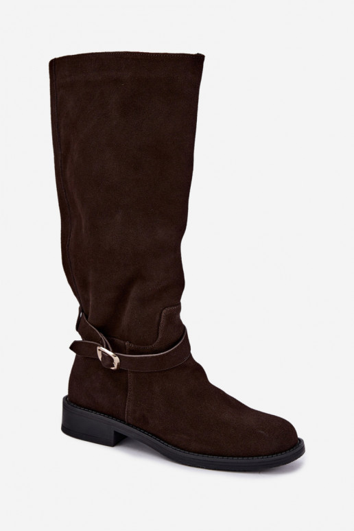 Kniehohe Stiefel aus Kunstveloursleder mit Schnallen Vinceza Czekolado