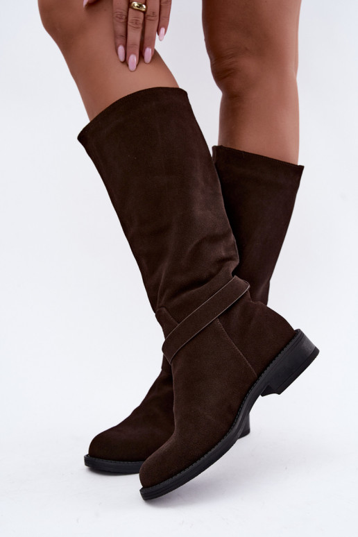 Kniehohe Stiefel aus Kunstveloursleder mit Schnallen Vinceza Czekolado