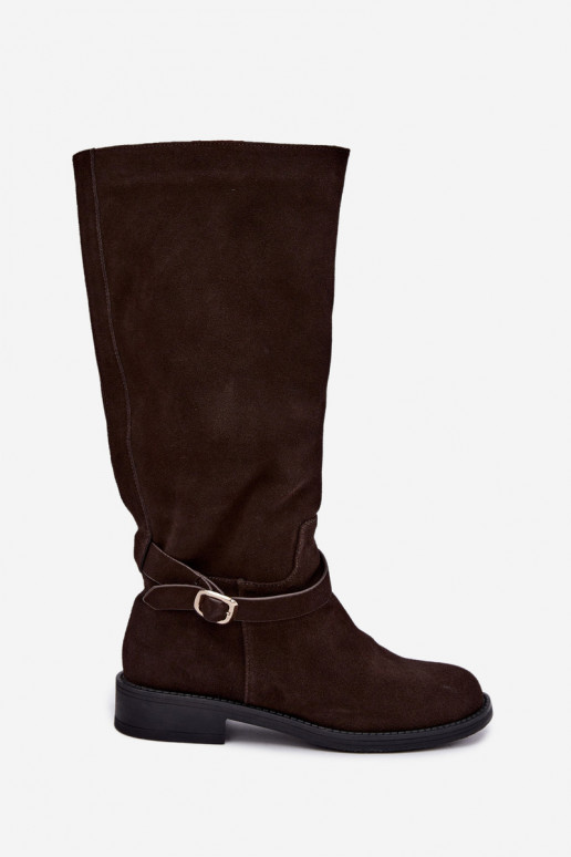 Kniehohe Stiefel aus Kunstveloursleder mit Schnallen Vinceza Czekolado