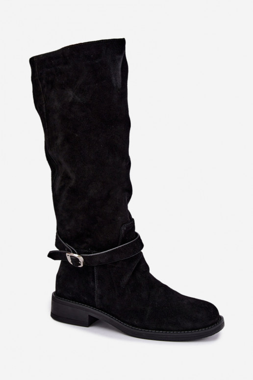 Kniehohe Stiefel aus Kunstveloursleder mit Schnallen Vinceza schwarz