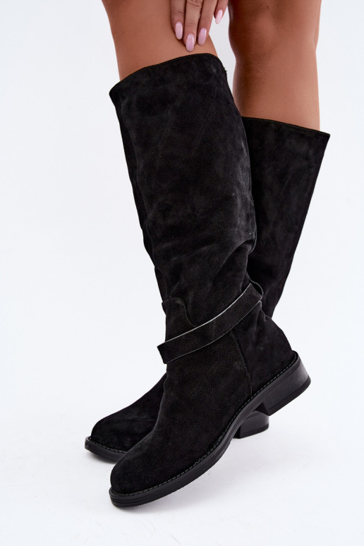 Kniehohe Stiefel aus Kunstveloursleder mit Schnallen Vinceza schwarz