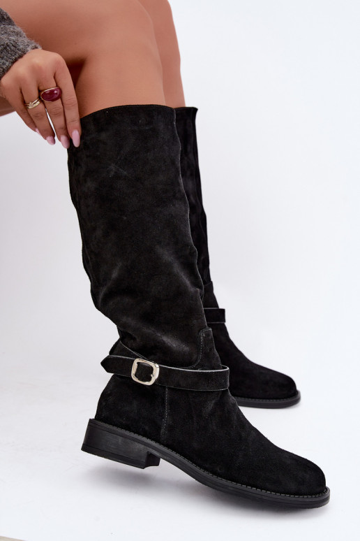 Kniehohe Stiefel aus Kunstveloursleder mit Schnallen Vinceza schwarz