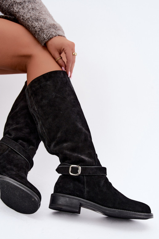 Kniehohe Stiefel aus Kunstveloursleder mit Schnallen Vinceza schwarz
