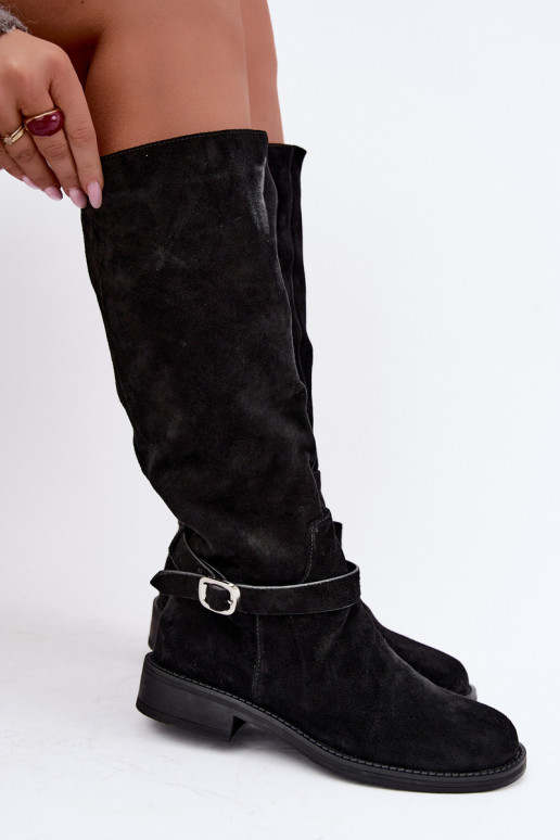 Kniehohe Stiefel aus Kunstveloursleder mit Schnallen Vinceza schwarz