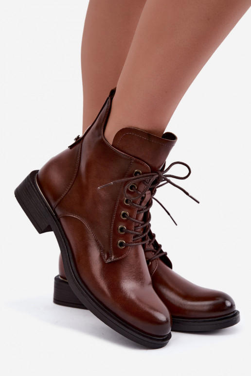 Gefütterte Stiefeletten mit breiten Absätzen 58677 in brauner Farbe