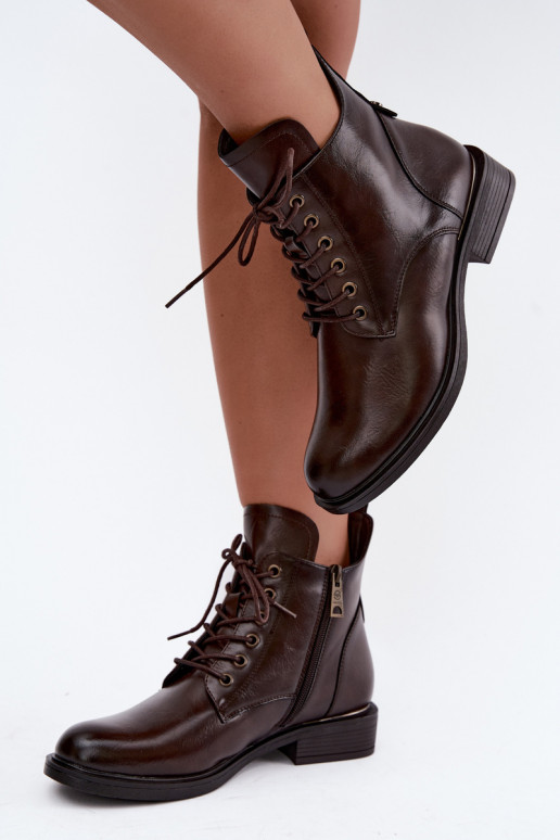 Gefütterte Stiefeletten mit breiten Absätzen 58677 in Schokoladenfarbe