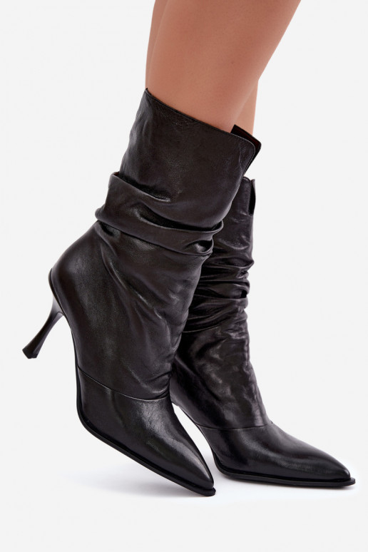 Gefütterte Stiefeletten aus Naturleder Slouchy mit dünnen Absätzen Vinceza 89166 in schwarzer Farbe