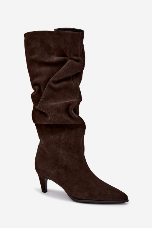 Faux-Suede gefütterte kniehohe Stiefel Slouchy mit Absätzen Vinceza 89167 in Schokoladenfarbe