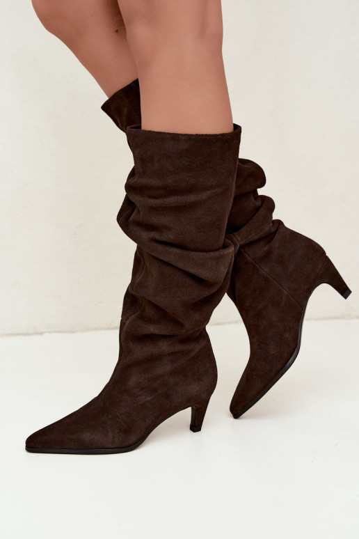 Faux-Suede gefütterte kniehohe Stiefel Slouchy mit Absätzen Vinceza 89167 in Schokoladenfarbe