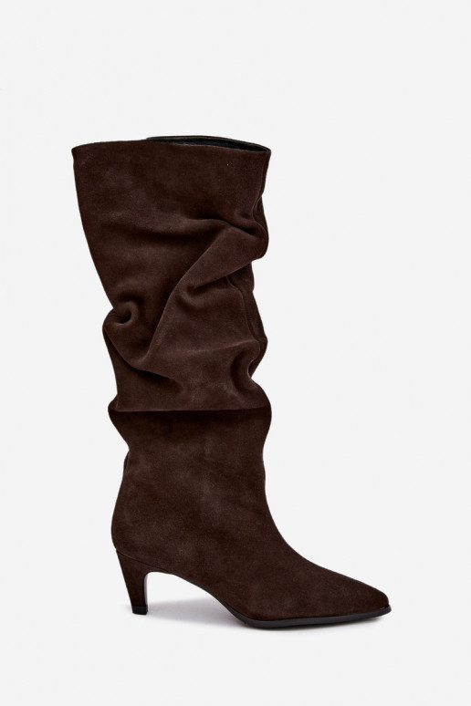 Faux-Suede gefütterte kniehohe Stiefel Slouchy mit Absätzen Vinceza 89167 in Schokoladenfarbe