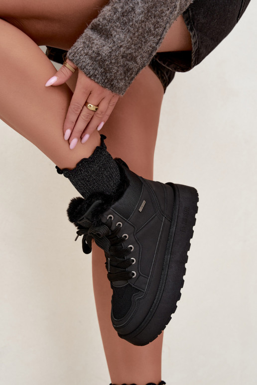 Schwarze Damenschneestiefel mit Schnürsenkeln und Fell Big Star UU274167