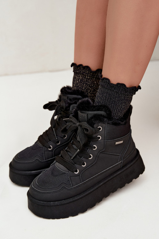 Schwarze Damenschneestiefel mit Schnürsenkeln und Fell Big Star UU274167