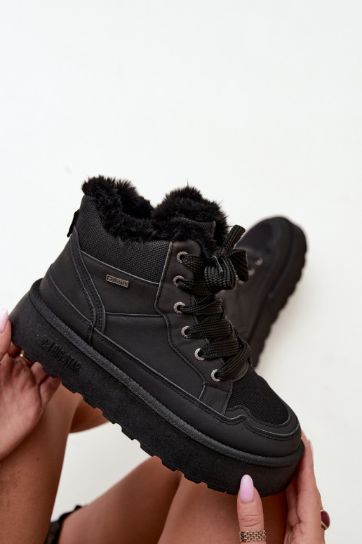 Schwarze Damenschneestiefel mit Schnürsenkeln und Fell Big Star UU274167