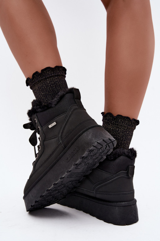Schwarze Damenschneestiefel mit Schnürsenkeln und Fell Big Star UU274167
