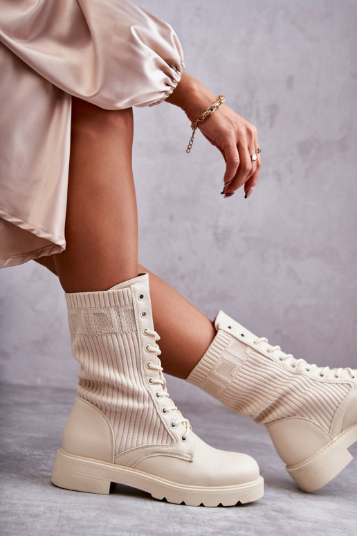 Damen Stiefeletten mit Socken-Schaft und breiten Absätzen in sandfarbener Ausführung Liam
