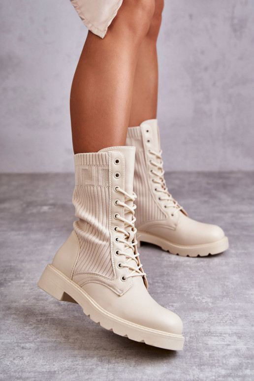 Damen Stiefeletten mit Socken-Schaft und breiten Absätzen in sandfarbener Ausführung Liam