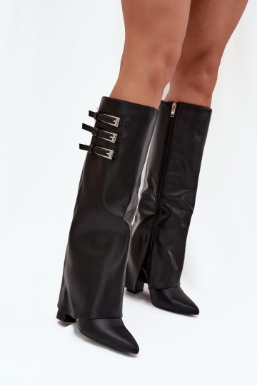 Damen Stiefel mit Absatz und Schnürschaft, Riemen mit Schnallen in schwarzer Ausführung Nirisa