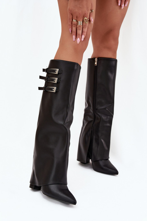 Damen Stiefel mit Absatz und Schnürschaft, Riemen mit Schnallen in schwarzer Ausführung Nirisa