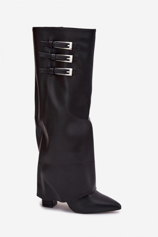 Damen Stiefel mit Absatz und Schnürschaft, Riemen mit Schnallen in schwarzer Ausführung Nirisa