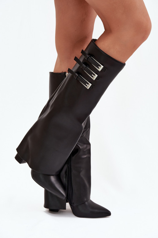 Damen Stiefel mit Absatz und Schnürschaft, Riemen mit Schnallen in schwarzer Ausführung Nirisa