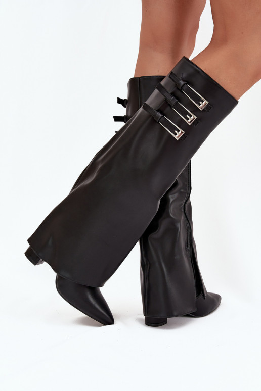 Damen Stiefel mit Absatz und Schnürschaft, Riemen mit Schnallen in schwarzer Ausführung Nirisa