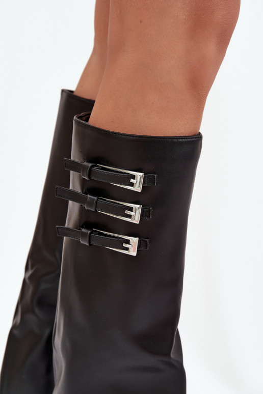 Damen Stiefel mit Absatz und Schnürschaft, Riemen mit Schnallen in schwarzer Ausführung Nirisa