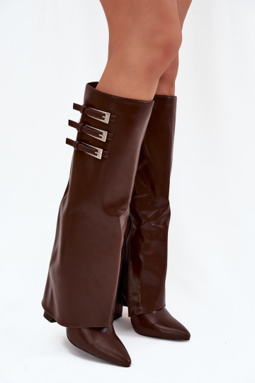 Damen Stiefel mit Absatz und Schnürschaft, Riemen mit Schnallen in schokoladenfarbener Ausführung Nirisa