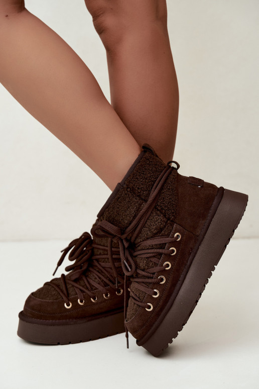 Leder Wildleder Schneestiefel mit Fell D&A GR62-6021 in Schokoladenfarbe