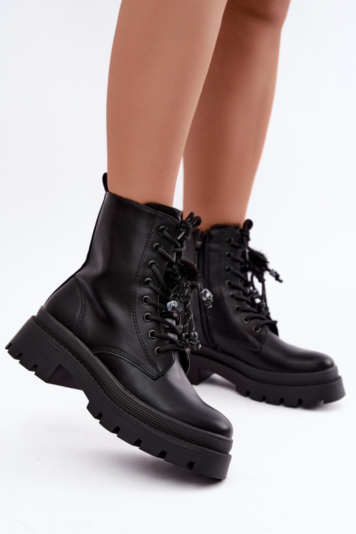 gefütterte Stiefel mit flauschigen Pompons in Schwarz Faresse
