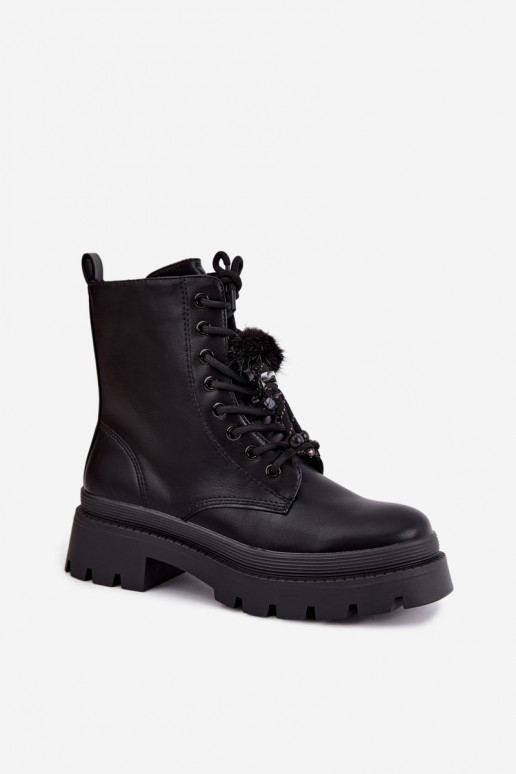 gefütterte Stiefel mit flauschigen Pompons in Schwarz Faresse