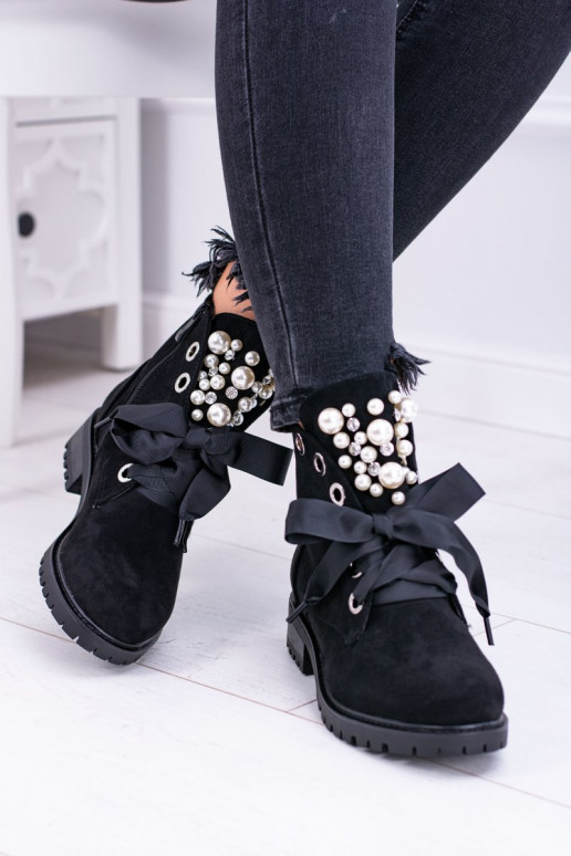 Wärmende Stiefeletten mit Kunstperlen und Schleife in Schwarz Perla