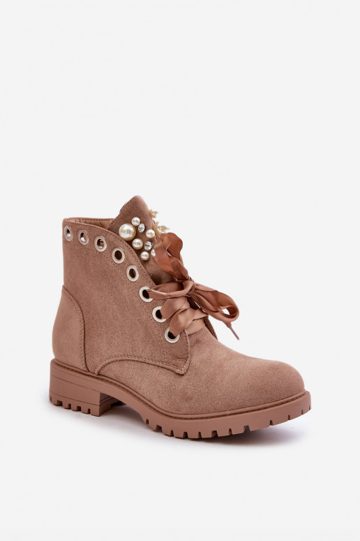 Wärmende Stiefeletten mit Kunstperlen und Schleife in Sand Perla